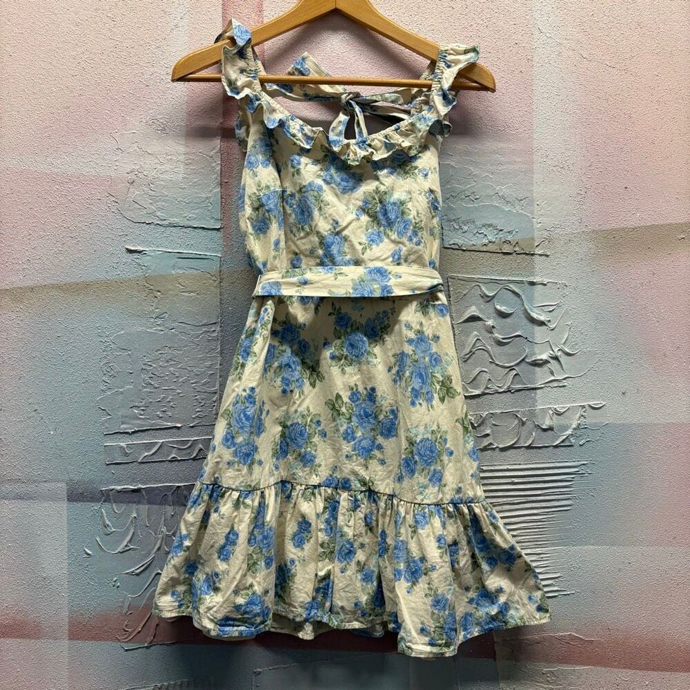 Storia L Cream Blue Floral Low Back Dress Cottagecore Preppy Artsy Boho Chic